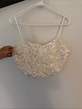 12th Tribe White Sequin Spaghetti Strap Crop Top